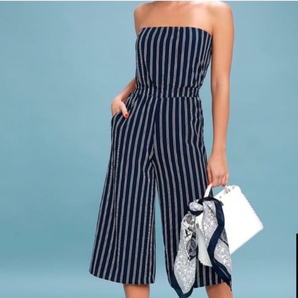 Navy & White Striped Midi Romper from Lulus